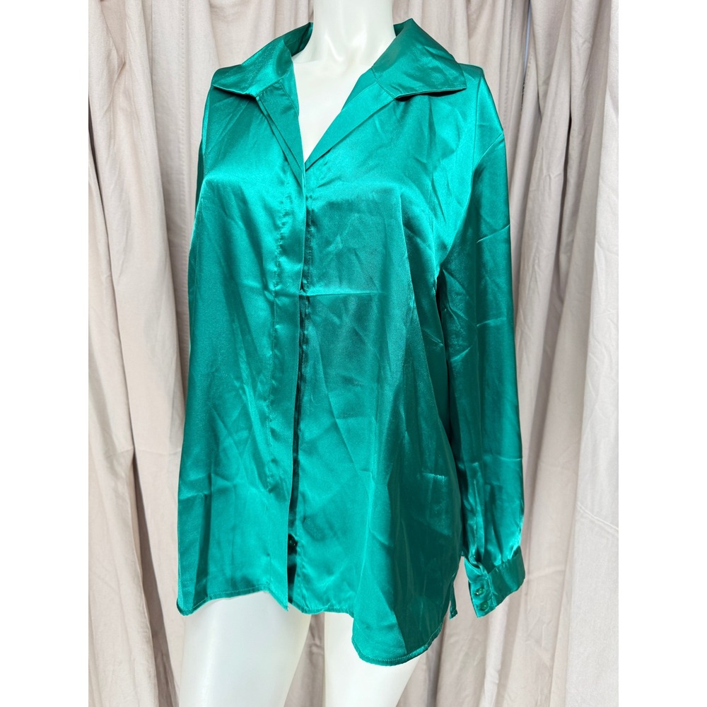 Anthony Richards Teal Satin Button Down Long Sleeve Blouse Size 18
